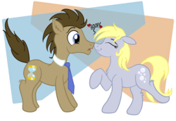 Size: 1600x1100 | Tagged: safe, artist:sixes&sevens, derpy hooves, doctor whooves, time turner, earth pony, pony, g4, abstract background, boop, female, male, necktie, noseboop, raised hoof, ship:doctorderpy, shipping, straight, surprised