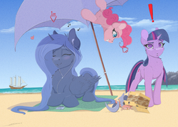 Size: 3500x2500 | Tagged: safe, artist:skitsroom, pinkie pie, princess luna, twilight sparkle, alicorn, crab, earth pony, pony, unicorn, g4, beach, box, exclamation point, eyepatch, eyes closed, female, high res, in which pinkie pie forgets how to gravity, mare, metal gear, metal gear solid 5, mp3 player, pinkie being pinkie, pinkie physics, ship, smiling, trio, umbrella, unicorn twilight