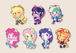 Size: 4961x3508 | Tagged: safe, artist:kalthedestroyer, applejack, fluttershy, pinkie pie, rainbow dash, rarity, sci-twi, sunset shimmer, twilight sparkle, human, equestria girls, equestria girls series, g4, blush sticker, blushing, boots, chibi, clothes, colored pupils, converse, cowboy boots, cowboy hat, cute, cute little fangs, dashabetes, diapinkes, fangs, female, hat, humane five, humane seven, humane six, jackabetes, looking at you, ponied up, raribetes, shimmerbetes, shoes, shyabetes, skirt, smiling, sneakers, twiabetes