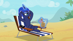 Size: 1920x1080 | Tagged: safe, screencap, princess luna, alicorn, pony, between dark and dawn, g4, alternate hairstyle, bare hooves, beach, beach chair, belly, chair, concave belly, crossed legs, eyeshadow, female, folded wings, glowing horn, hair bun, hooves behind head, horn, levitation, lidded eyes, luna sunbathing, magic, magic aura, makeup, mare, open mouth, reclining, relaxing, skinny dipping, slender, solo, stupid sexy princess luna, sunbathing, sunglasses, telekinesis, thin, we don't normally wear clothes, wingless, wings