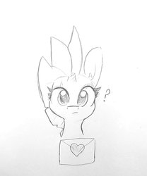 Size: 1358x1630 | Tagged: safe, artist:tjpones, fizzlepop berrytwist, tempest shadow, pony, unicorn, g4, broken horn, bust, cute, eye scar, female, grayscale, heart, horn, letter, looking at you, love letter, mare, monochrome, pencil drawing, question mark, scar, simple background, solo, tempestbetes, traditional art