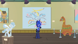 Size: 1920x1080 | Tagged: safe, screencap, igneous rock pie, princess luna, alicorn, pony, between dark and dawn, g4, american gothic, art gallery, craft, female, hair bun, mare, painting, sculpture, solo, tail bun