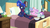 Size: 1920x1080 | Tagged: safe, screencap, nurse sweetheart, princess luna, sprout greenhoof, alicorn, pony, unicorn, between dark and dawn, g4, my little pony: friendship is magic, season 9, duo, duo female, female, las pegasus resident, levitation, magic, mare, missing accessory, pillow, ponytail, red nosed, sunburn, telekinesis