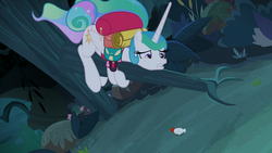 Size: 1920x1080 | Tagged: safe, screencap, princess celestia, alicorn, bird, chicken, pony, between dark and dawn, g4, adorable distress, alektorophobia, bare hooves, cute, female, looking down, mare, pathetic, scared, scaredlestia, sitting in a tree, that princess sure is afraid of chickens, tree, tree branch