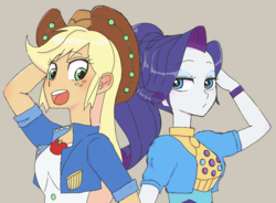 Size: 2600x1915 | Tagged: safe, artist:haibaratomoe, applejack, rarity, equestria girls, g4, my little pony equestria girls: better together, clothes, cowboy hat, cute, duo, female, hat, jackabetes, lesbian, raribetes, ship:rarijack, shipping, simple background, smiling, stetson
