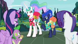 Size: 1920x1080 | Tagged: safe, screencap, princess celestia, princess luna, rarity, spike, twilight sparkle, alicorn, dragon, pony, unicorn, between dark and dawn, g4, alternate hairstyle, bare hooves, beautiful, clothes, ethereal mane, female, folded wings, hair bun, male, mare, open mouth, ponytail, raised eyebrow, royal sisters, shirt, siblings, sisters, smiling, tail bun, talking, twilight sparkle (alicorn), waving, winged spike, wings