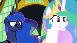 Size: 1920x1080 | Tagged: safe, screencap, princess celestia, princess luna, pony, between dark and dawn, g4, ethereal mane, evil grin, faic, female, grin, mare, royal sisters, siblings, sisters, smiling, starry mane