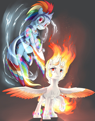 Size: 3300x4200 | Tagged: safe, artist:silfoe, rainbow dash, twilight sparkle, alicorn, pegasus, pony, fanfic:the tomb of the nameless evil, g4, armor, colored wings, colored wingtips, commission, duo, electric dash, fanfic art, female, fire, lightning, mane of fire, multicolored wings, rainbow power, rainbow power rainbow dash, rainbow power twilight sparkle, rainbow wings, rapidash twilight, twilight sparkle (alicorn), ultimate twilight, wings