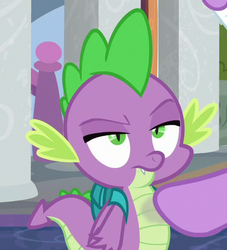 Size: 423x465 | Tagged: safe, screencap, spike, twilight sparkle, alicorn, dragon, pony, g4, school raze, backpack, cropped, male, offscreen character, spike is not amused, tail, twilight sparkle (alicorn), unamused, winged spike, wings