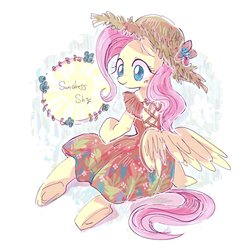 Size: 1915x1994 | Tagged: safe, artist:osawari64, fluttershy, pegasus, semi-anthro, g4, arm hooves, butt wings, clothes, cute, dress, female, hat, mare, shyabetes, sitting, smiling, solo, straw hat, sundress, turned head, wings