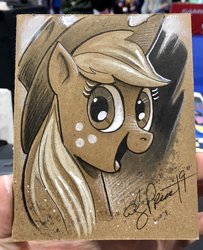 Size: 1664x2048 | Tagged: safe, artist:andypriceart, applejack, earth pony, pony, g4, colored pencil drawing, cowboy hat, female, hat, looking at you, mare, open mouth, solo, toned paper, traditional art
