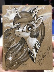 Size: 1536x2048 | Tagged: safe, artist:andypriceart, princess celestia, alicorn, pony, g4, crown, female, jewelry, looking at you, mare, peytral, regalia, smiling, solo, toned paper, traditional art