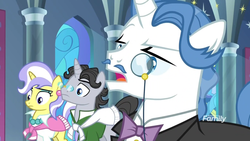 Size: 1366x768 | Tagged: safe, screencap, fancypants, jet set, upper crust, pony, unicorn, between dark and dawn, g4, canterlot castle, clothes, column, discovery family logo, ear piercing, earring, eyeshadow, female, glasses, jewelry, makeup, male, mare, monocle, necklace, noble, piercing, raised eyebrow, skeptical, stallion, trio