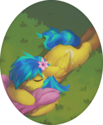 Size: 637x774 | Tagged: safe, artist:orchidpony, oc, oc only, oc:annapone, pegasus, pony, female, flower, grass, pillow, sleeping, smiling, solo, wings