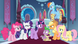 Size: 1366x768 | Tagged: safe, screencap, applejack, fluttershy, pinkie pie, rainbow dash, rarity, spike, twilight sparkle, alicorn, dragon, earth pony, pegasus, pony, unicorn, between dark and dawn, g4, angry, banner, canterlot castle, canterlot throne room, carpet, discovery family logo, female, flying, male, mane seven, mane six, mare, scroll, stained glass, throne, throne room, twilight sparkle (alicorn), upset, window, winged spike, wings
