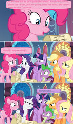 Size: 1366x2314 | Tagged: safe, edited screencap, screencap, applejack, fluttershy, pinkie pie, rarity, spike, twilight sparkle, alicorn, dragon, pony, between dark and dawn, g4, angry, canterlot castle, discovery family logo, nervous laugh, reading, screencap comic, scroll, stained glass, twilight sparkle (alicorn), unamused, upset, window, winged spike, wings