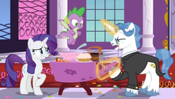 Size: 1366x768 | Tagged: safe, screencap, rarity, spike, dragon, between dark and dawn, g4, bowl, column, flying, food, hat, ladle, levitation, magic, monocle, nervous, nervous smile, party hat, table, tablecloth, telekinesis, window, winged spike, wings