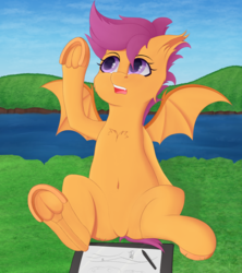 Size: 2276x2560 | Tagged: safe, artist:batsdisaster, scootaloo, bat pony, pegasus, pony, g4, bat ponified, bat wings, belly button, chest fluff, female, frog (hoof), grass, high res, mare, race swap, scootabat, solo, underhoof, wings