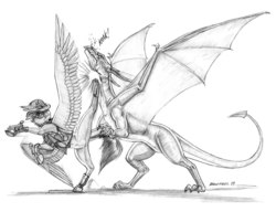 Size: 1400x1076 | Tagged: safe, artist:baron engel, oc, oc only, oc:growler, oc:squall, dragon, pony, clothes, fight, grayscale, kick, monochrome, pencil drawing, simple background, story in the source, story included, traditional art, vertical split, white background