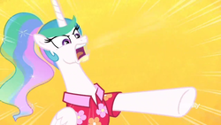 Size: 1366x768 | Tagged: safe, screencap, princess celestia, pony, between dark and dawn, g4, alternate hairstyle, angry, clothes, discovery family logo, female, hawaiian shirt, mare, pointing, ponytail, rage, shirt, simple background, solo, yelling, yellow background