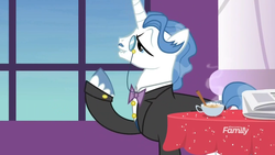 Size: 1366x768 | Tagged: safe, screencap, fancypants, pony, unicorn, between dark and dawn, g4, bowtie, clothes, cup, food, hot coco, lidded eyes, male, monocle, newspaper, noble, solo, stallion, steam, suit, table, tablecloth, tea, teacup, tuxedo, unshorn fetlocks, window