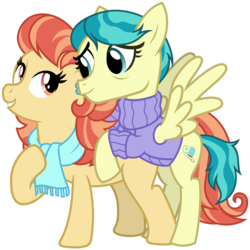 Size: 3200x3200 | Tagged: safe, artist:cheezedoodle96, aunt holiday, auntie lofty, earth pony, pegasus, pony, g4, the last crusade, .svg available, clothes, couple, eye contact, female, high res, hoof on chest, hug, lesbian, looking at each other, mare, rearing, scarf, ship:lofty day, shipping, simple background, spread wings, svg, sweater, transparent background, vector, wings