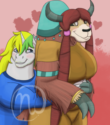 Size: 2200x2500 | Tagged: safe, artist:azurllinate, yona, oc, oc:sol bright, unicorn, yak, anthro, g4, age difference, anthro oc, armband, back hug, blue eyes, blushing, bracelet, braid, breasts, buff, busty yona, canon x oc, close together, clothes, cloven hooves, female, fluffy, hazel eyes, heart, high res, holding hands, hoof hands, horns, humped back, interspecies, jewelry, long hair, looking at each other, male, muscles, older yona, size difference, smiling, straight, stubble, two toned mane, wide hips, yonathletic