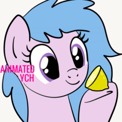 Size: 849x849 | Tagged: safe, artist:lannielona, pony, :p, advertisement, animated, bust, commission, crying, food, fruit, hoof hold, lemon, licking, meme, portrait, scrunchy face, shocked, silly, simple background, solo, sour, tongue out, triggered, vibrating, white background, your character here