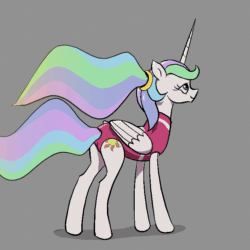 Size: 720x720 | Tagged: safe, artist:el-yeguero, princess celestia, alicorn, pony, between dark and dawn, g4, alternate hairstyle, animated, butt, clothes, female, flowing mane, gray background, hair tie, leotard, looking back, mare, plot, ponytail, simple background, solo, tail, tail hole, zipline