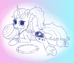Size: 1430x1218 | Tagged: safe, artist:plushcolossus, princess luna, alicorn, pony, between dark and dawn, g4, 80s princess luna, alternate hairstyle, bracelet, exercise ball, female, jewelry, leg warmers, looking at you, mare