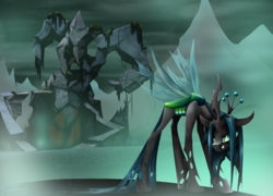 Size: 1280x922 | Tagged: safe, artist:mysteriousshine, queen chrysalis, changeling, changeling queen, g4, crown, evil lair, fangs, female, fog, grogar's lair, holes, horn, jewelry, lair, mare, mountain, regalia, ruins, solo, wings