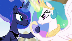 Size: 1280x720 | Tagged: safe, screencap, princess celestia, princess luna, alicorn, pony, between dark and dawn, g4, female, holding hooves, hoof shoes, hoofshake, looking at each other, magic, royal sisters, siblings, sisters