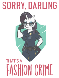 Size: 750x1000 | Tagged: safe, artist:doggonepony, rarity, unicorn, anthro, g4, breasts, busty rarity, caption, cleavage, darling, fashion crime, fashion police, female, police uniform, raricop, solo, sunglasses