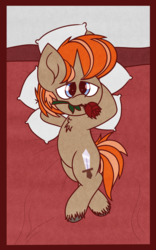 Size: 1200x1920 | Tagged: safe, artist:thebadbadger, oc, oc:cotten ripstop, pony, unicorn, arm behind head, flower, flower in mouth, on back, pillow, rose, rose in mouth, unshorn fetlocks