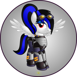 Size: 5000x5000 | Tagged: safe, artist:lakword, oc, oc:labys, pegasus, pony, armor, clothes, cosplay, costume, female, goggles, simple background, smiling, solo, spread wings, standing, transparent background, wings