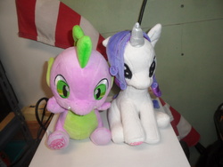 Size: 4320x3240 | Tagged: safe, rarity, spike, dragon, pony, unicorn, g4, duo, female, irl, male, photo, plushie, ship:sparity, shipping, straight