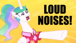 Size: 1366x768 | Tagged: safe, artist:supra80, edit, edited screencap, screencap, princess celestia, pony, between dark and dawn, g4, alternate hairstyle, anchorman, angry, clothes, discovery family logo, female, hawaiian shirt, loud noises, meme, pointing, ponytail, rage, shirt, simple background, solo, text, yelling, yellow background