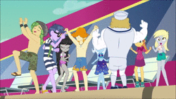 Size: 1920x1080 | Tagged: safe, edit, edited screencap, screencap, bulk biceps, derpy hooves, microchips, octavia melody, orange sunrise, sandalwood, trixie, valhallen, equestria girls, equestria girls series, g4, i'm on a yacht, spoiler:eqg series (season 2), animated, background human, beach chair, bikini, chair, clothes, dancing, fainting couch, feet, female, glasses, hat, male, male feet, music, partial nudity, sailor, sailor hat, sandals, sarong, shorts, sound, swimming trunks, swimsuit, topless, webm