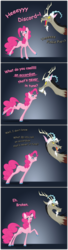 Size: 2020x7414 | Tagged: safe, artist:grievousfan, discord, pinkie pie, draconequus, earth pony, pony, g4, anti-humor, bait and switch, colored hooves, comic, dialogue, duo, female, gray background, joke, male, mare, pun, raised hoof, simple background