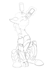 Size: 1449x1998 | Tagged: safe, artist:settop, oc, oc only, oc:blackjack, cyborg, pony, unicorn, fallout equestria, fallout equestria: project horizons, alcohol, fanfic art, glowing horn, horn, lineart, magic, queen whiskey, simple background, sketch, solo, telekinesis, whiskey, white background, wild pegasus