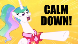 Size: 1366x768 | Tagged: safe, artist:supra80, edit, edited screencap, screencap, princess celestia, pony, between dark and dawn, g4, alternate hairstyle, angry, calm down, clothes, discovery family logo, female, hawaiian shirt, hypocrisy, meme, pointing, ponytail, rage, shirt, simple background, solo, text, yelling, yellow background