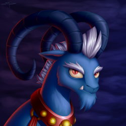 Size: 3000x3000 | Tagged: safe, artist:setharu, grogar, sheep, g4, season 9, bust, commission, curved horn, high res, horn, looking at you, male, portrait, ram, signature, solo