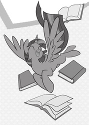 Size: 1236x1732 | Tagged: safe, seven seas, twilight sparkle, alicorn, pony, g4, my little pony: the manga, my little pony: the manga volume 1, black and white, book, cute, grayscale, happy, monochrome, twiabetes, twilight sparkle (alicorn)