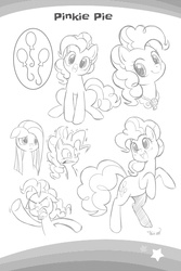 Size: 2107x3160 | Tagged: safe, seven seas, pinkie pie, earth pony, pony, g4, my little pony: the manga, my little pony: the manga volume 1, angry, bipedal, cute, cutie mark, diapinkes, element of laughter, high res, lineart, looking at you, monochrome, pinkamena diane pie, pinkie sense, sketch gallery