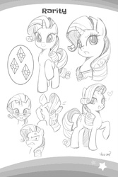 Size: 2107x3160 | Tagged: safe, seven seas, rarity, pony, unicorn, my little pony: the manga, my little pony: the manga volume 1, angry, cross-popping veins, cute, cutie mark, element of generosity, glasses, heart, monochrome, raribetes, sketch gallery, the worst possible thing