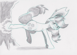 Size: 1592x1143 | Tagged: safe, artist:saturdaymorningproj, applejack, earth pony, pony, g4, applebucking, female, looking at you, mare, monochrome, pencil drawing, simple background, sketch, solo, traditional art, tree, white background