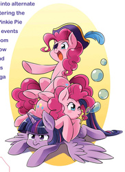 Size: 1355x1860 | Tagged: safe, seven seas, pinkie pie, twilight sparkle, alicorn, earth pony, pony, g4, my little pony: the manga, my little pony: the manga volume 1, blowing bubbles, bubble, cute, duality, eyepatch, hat, pinkie pirate, pirate, pirate hat, pirate pinkie pie, pony pile, self ponidox, sitting on person, sitting on pony, soap bubble, twilight sparkle (alicorn), twilight sparkle is not amused, unamused