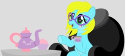 Size: 2560x1152 | Tagged: safe, artist:angelinethefox, oc, oc only, oc:lana, earth pony, pony, base used, female, filly, glasses, solo, tea party, tea time, teenager