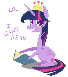 Size: 1957x2198 | Tagged: safe, artist:grievousfan, twilight sparkle, alicorn, pony, g4, the maud couple, book, crown, female, i never learned to read, jewelry, lol, long neck, mare, out of character, pac-man eyes, regalia, simple background, solo, transparent background, twilight sparkle (alicorn)