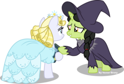 Size: 6644x4496 | Tagged: safe, artist:vector-brony, broomhilda, glinda, pony, unicorn, between dark and dawn, g4, absurd resolution, book, broadway, clothes, dress, duo, elphaba, glinda the good witch, hat, musical, ponified, simple background, smiling, transparent background, vector, wicked, wicked witch of the west, witch hat